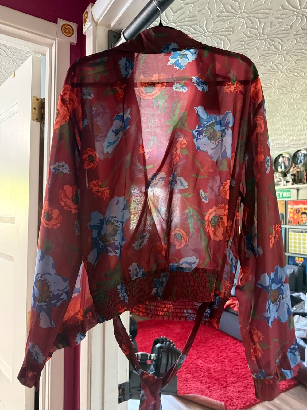 VENUS Maroon Floral Sheer Blouse with Blue and Green Accents - Picture 7 of 7